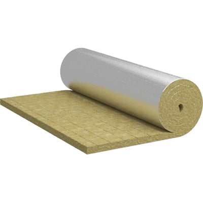 Rockwool Prolit Lamella Mat isoleringsmåtte delvist rullet ud, viser stenuldsmaterialet og den armerede alufolieoverflade.