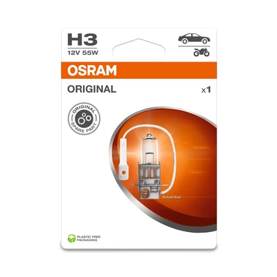 OSRAM ORIGINAL H3 halogenpære 12V 55W med PK22s sokkel, forpakning med én pære, fremstillet af plastfri emballage.
