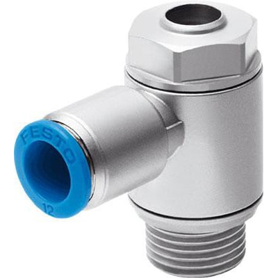 Festo drøvle-kontraventil GRLZ-1/8-QS-6-D i metal med blå QS-6 tilslutning og G1/8 gevind til luftregulering.