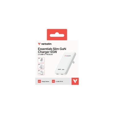 Verbatim Essentials Slim GaN-vægoplader på 65 W i hvid med to USB-C-porte og stiktyper til US, EU og UK.