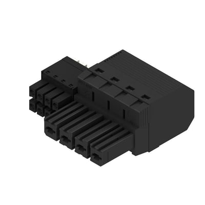 Weidmüller sort, 4-polet hybridstik til PCB med PUSH IN-tilslutning og aktuator, set skråt forfra.