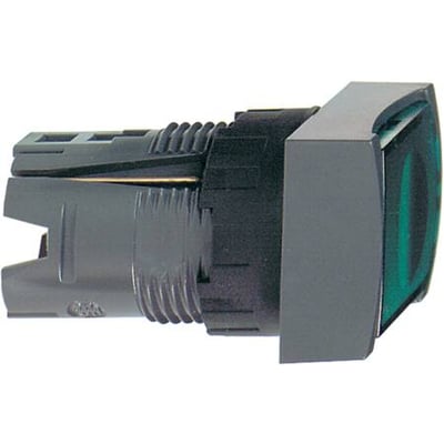 Schneider Electric rektangulært lampetryk ZB6DW3 i grøn med bagmonteret kontakt og skrueterminaler.