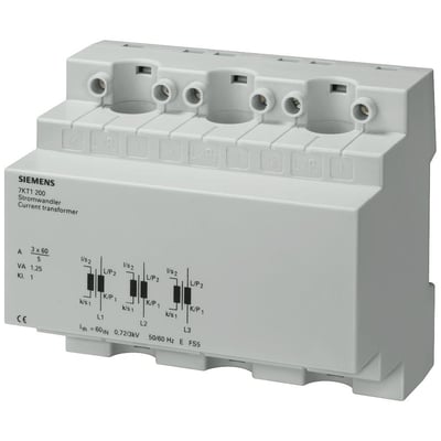 Siemens 7KT1 200 strømtransformer til 3-fasede AC-systemer, 3x 100/5A, med tydelig mærkning og terminaler.