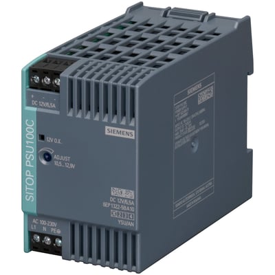 Siemens Sitop PSU100C strømforsyning med 12V/6,5A output, vist fra siden med tydelige mærker og ventilationsgitre.