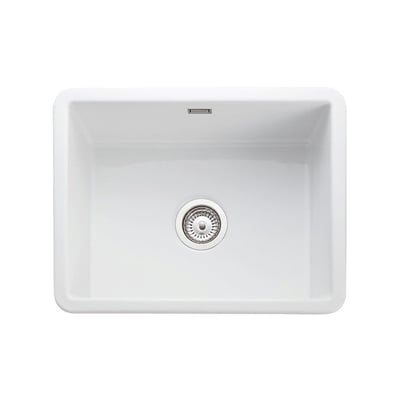 Hvid Lavabo Mataro III køkkenvask set ovenfra med firkantet kumme, rustfrit afløb og overløb.