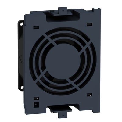 Schneider Electric ventilator til ATV340 frekvensomformere, 11-22kW, viser frontgitter og monteringsdetaljer i mørkeblå plast.