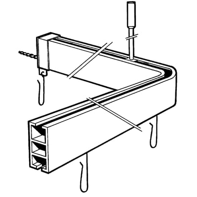 Tegning af Van Der P Profil5001 badeforhængsstang med detaljer om glidere og monteringsprofil i et hjørne.