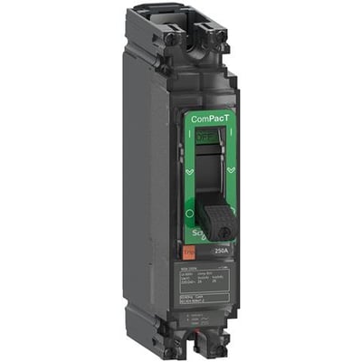 Schneider Electric ComPacT NSX 160N 1-polet maksimalafbryder med 125A strøm og grønt betjeningsgreb på mørk baggrund.