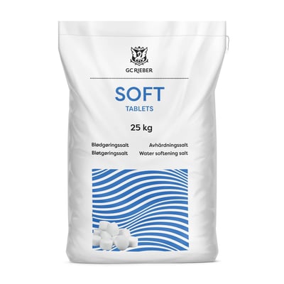 Hvid sæk med salttabletter KFK, 25 kg, fra GC Rieber; emballagen har blå grafik og viser tabletter.