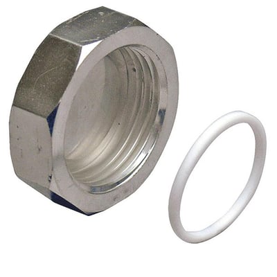 Ægte billede af Uponor Unipipe slutmuffe, messing, 1" med en hvid pakning vist ved siden af.