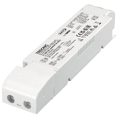 Tridonic LED driver DALI-2 LC 35W 24V one4all NF SC EXC2 SP, hvid kompakt enhed med tydelig mærkning og tilslutningsmuligheder.