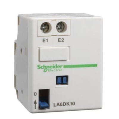 Mekanisk indkoblingslås fra Schneider Electric, model LA6DK10, med 24V AC/DC spænding og terminaler mærket E1 og E2.