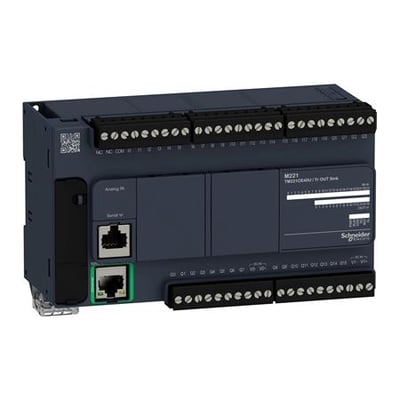 Schneider Electric Modicon M221 PLC med 24 digitale indgange, 2 analoge indgange og 16 digitale udgange, til 24VDC.