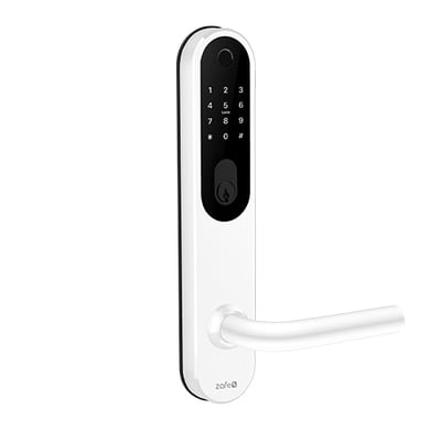 Zafe T-Lock oval hvid dørlås med sort numerisk tastatur og buet håndtag, vist forfra.