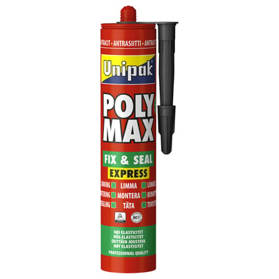 Unipak Poly Max Fix & Seal fugemasse og lim i antracit, 425 g, i rød patron med sort påføringsdyse.