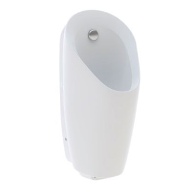 Hvidt Geberit Preda-urinal uden styring, 310 × 370 × 695 mm, set skråt forfra med afrundet kumme.