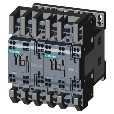 Siemens Sirius motorstarter, 7.5kW, 24V DC, 3-polet med fjederklemmer og integrerede hjælpekontakter på mørk baggrund.