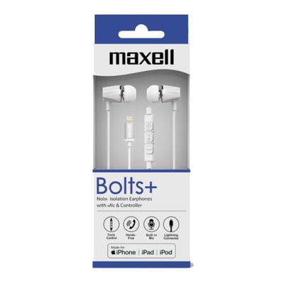 Maxell Bolts+ in-ear høretelefoner i hvid emballage med Lightning-stik, mikrofon og controller vist tydeligt.