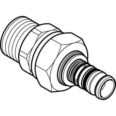 Teknisk tegning af Geberit RG Mepla-union med nippel, 63 mm x 2″, vist skråt med gevind og omløber.
