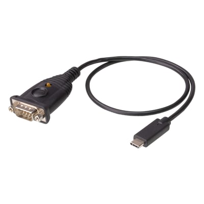 Aten USB-C til RS-232 adapter med 0,3 meter sort kabel og gul indikatorlampe på den serielle port.