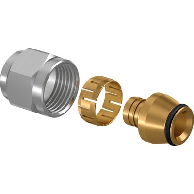 Illustration af Uponor FPL-X koblingssæt til 16 mm PEX-rør, hvor alle dele er afbildet i perfekt stand på hvid baggrund.