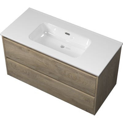 Sanibell Proline møbelsæt i rå eg med hvid vask, 101x46 cm, med to skuffer med softclose og integreret greb.