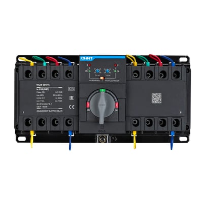 Chint automatisk net-/generatoromskifter NXZB-63H/4CT med 63 A, set forfra med tilslutningsklemmer og drejegreb.