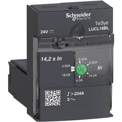 Schneider Electric kortslutningsudløser LUCL18BL med 24VDC forsyning og indstillingsområde på 4,5-18A med grøn justeringsknap.