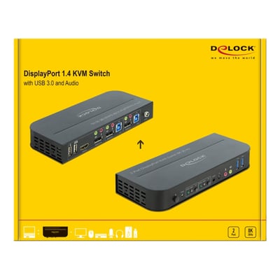 Emballagen viser DeLock DisplayPort 1.4 KVM-switch i sort med USB 3.0 og lyd samt to vinkler af enheden.