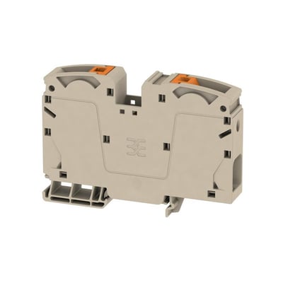 Detalje af Weidmüller A2C 35 gennemgangsklemme, viser de orange PUSH IN terminaler og beige Wemid hus på hvid baggrund.