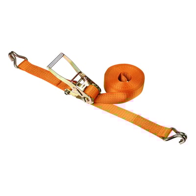 Orange surring med skralde og krog, 50 mm bred og 10 meter lang med en maksimal belastning på 4000 kg.
