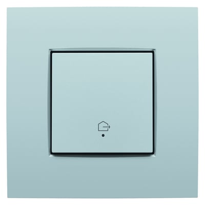 Niko "Forlad hjem" tryk i sølv med LED og komfortsensorer, vist frontalt med "forlad hjem" symbol.