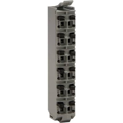 Schneider Electric TM5 anslutningsplint med 12 pin og 24V forsyning, grå, vist lodret med nummererede porte.