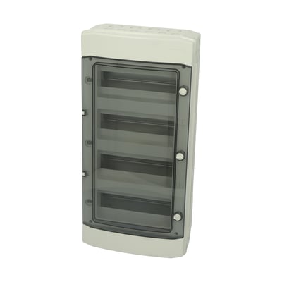 Fibox MCE65 48M gruppeafdækning i grå med transparent dør og fire rækker til 48 moduler.