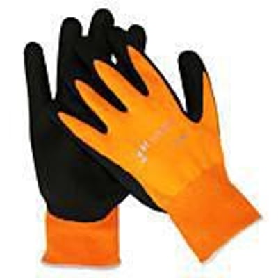 1st Touch handske i størrelse 11, med sort nylonstrik, Hi-Viz orange ribkrave og skærmfølsom håndflade.