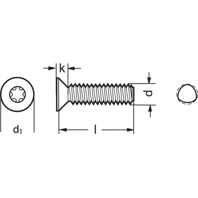 Teknisk tegning af M6x25mm gevindformende skrue med undersænket T-Drive hoved og elforzinket overflade.
