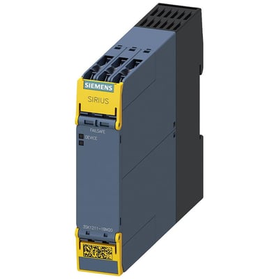 Siemens SIRIUS 3SK1 sikkerhedsrelæ med 4 RO udgange og skrueterminal, 110-240V, vist i grå og sort med gule detaljer.
