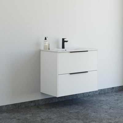 Det hvide, væghængte Dansani Mido+ Classic 81 cm møbelsæt med Amber vask vist installeret i et moderne badeværelsesmiljø.
