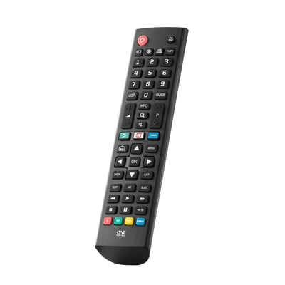 One For All URC 4911 erstatningsfjernbetjening til LG TV, vist i let vinkel med tydelige knapper og One For All logo i bunden.