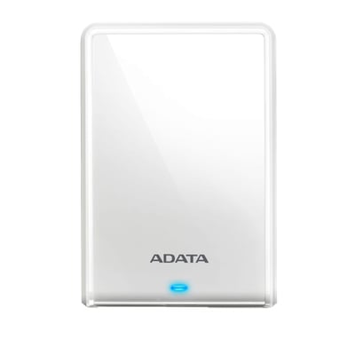 Adata HV620S 2TB ekstern harddisk med 2.5" harddisk og USB 3.2, vist med blank hvid overflade og blå indikatorlampe.