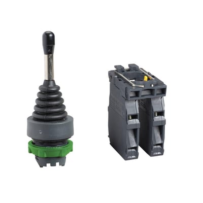 Separeret visning af Schneider Electric Joystick XD5 med fokus på det sorte betjeningsskaft og en separat monteringsblok med kontakter.