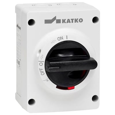 Katko 3-polet reparationsafbryder KEM316M2ABS med hvidt kabinet og sort drejehåndtag, set forfra.