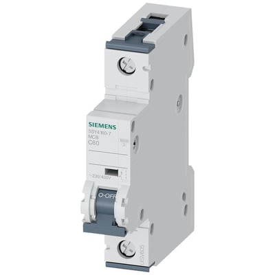 Siemens automatsikring 5SY4, 1-polet, C-karakteristik, 60A, 10kA beskyttelse, med O-OFF mærkat på kontakten.