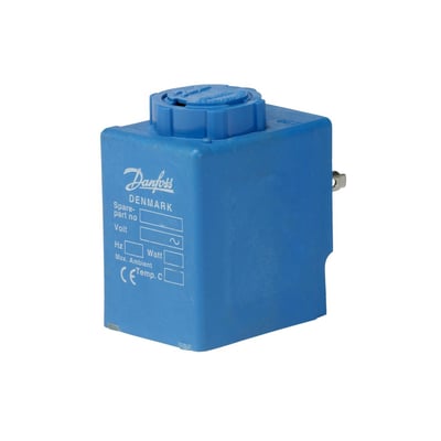 Danfoss BA115A spole set fra siden med topdæksel og mærkning, 115 V AC, 9 W, 50 Hz og IP00.