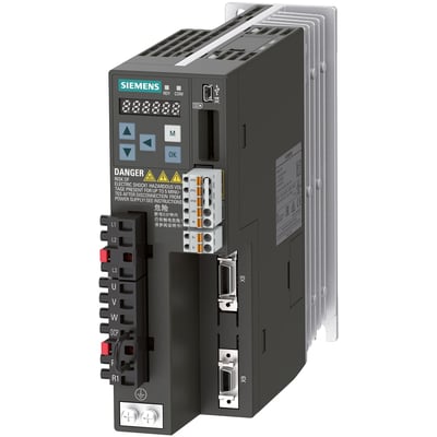 Siemens SINAMICS V90 frekvensomformer med Profinet, 0.4kW og 3-faset 400V input, vist fra siden med tydelige tilslutningsporte og køleprofil.