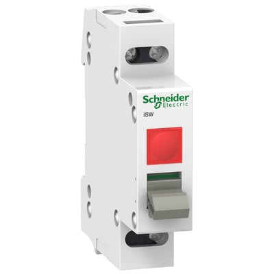 Schneider Electric Acti9 iSW lastafbryder 32A 2P, med rød indikatorlampe og grå vippekontakt, vist let skråt forfra med hvidt kabinet.