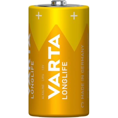 Et enkelt Varta Longlife C batteri i gul og orange med VARTA logo og 'MADE IN GERMANY' tekst.