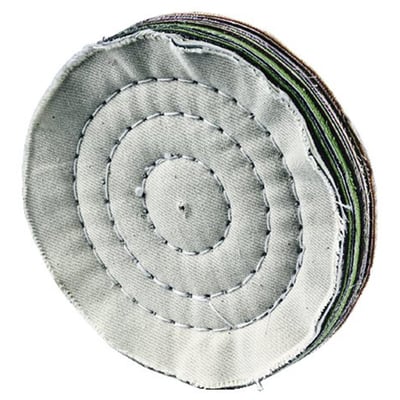 Kludeskive til polering af metal, 150mm diameter, 20mm bred med 10mm hul, syet bomuld.
