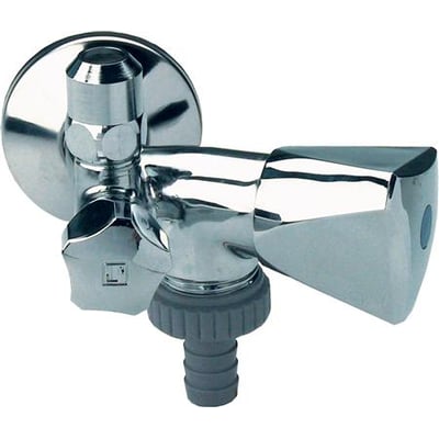 Broen 1/2" x 10 mm kombineret aftap- og stopventil i blank messing med indbygget kontraventil og studs.