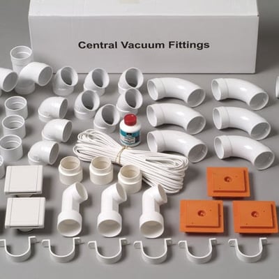 Nilfisk pakke med 3 sugekontakter og fittings til centralstøvsugere, med rør, albuer og koblinger i hvid plast, samt orange monteringsplader.